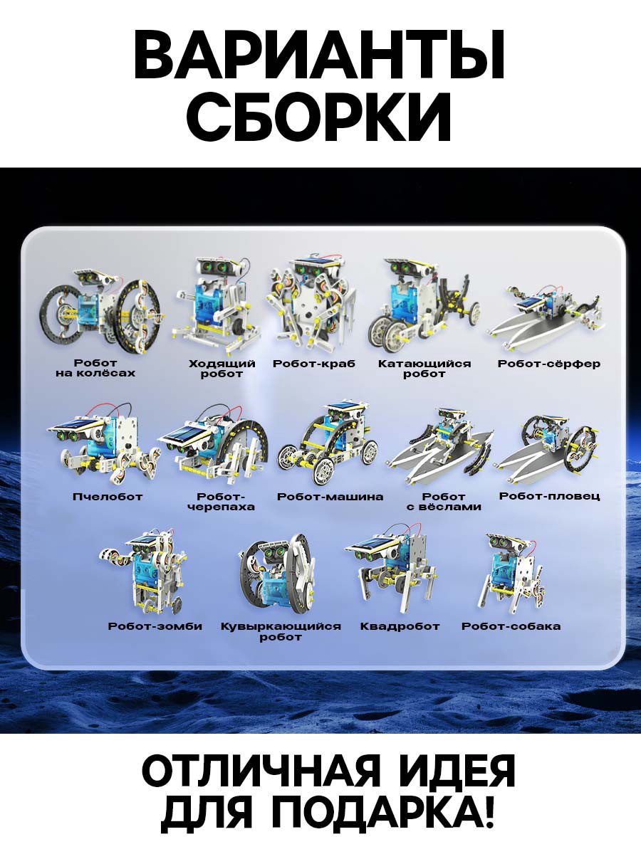 14 вариантов сборки электронного конструктора робототехники с солнечной батареей Инфографика с моделью конструктора робототехники на солнечной батарее, демонстрирующей 14 различных вариантов сборки, включая робота-краба, ходящего робота и робота-сёрфера